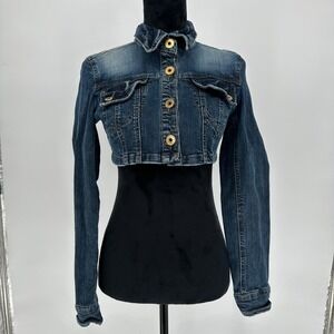 Y2K DKNY Jeans Mini Cropped Jean Jacket Faded Gold Button Up Streetwear Sz XS/S